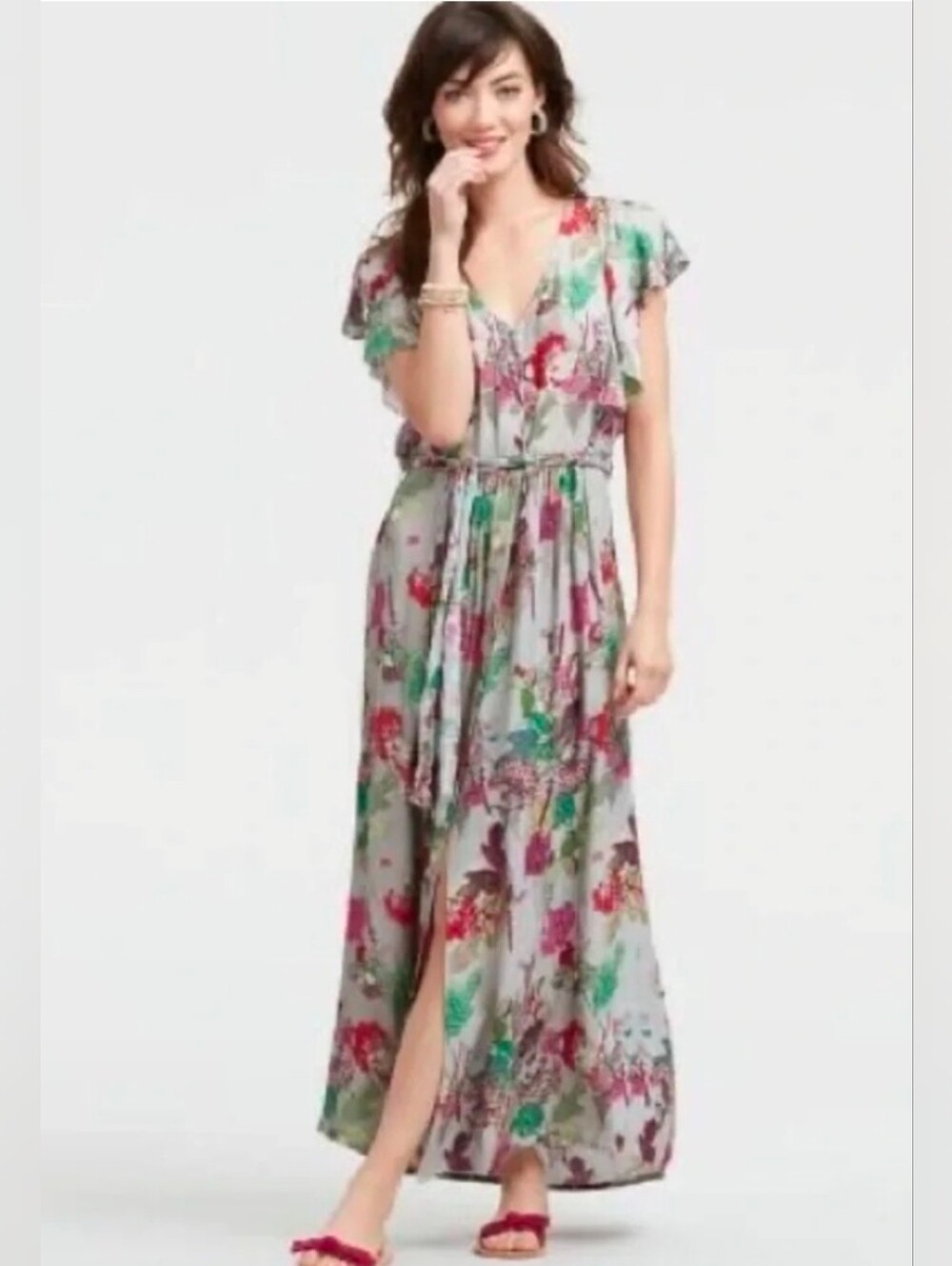 Cost Plus World Market Gray Floral V-Neck Maxi Dress SIZE S/M